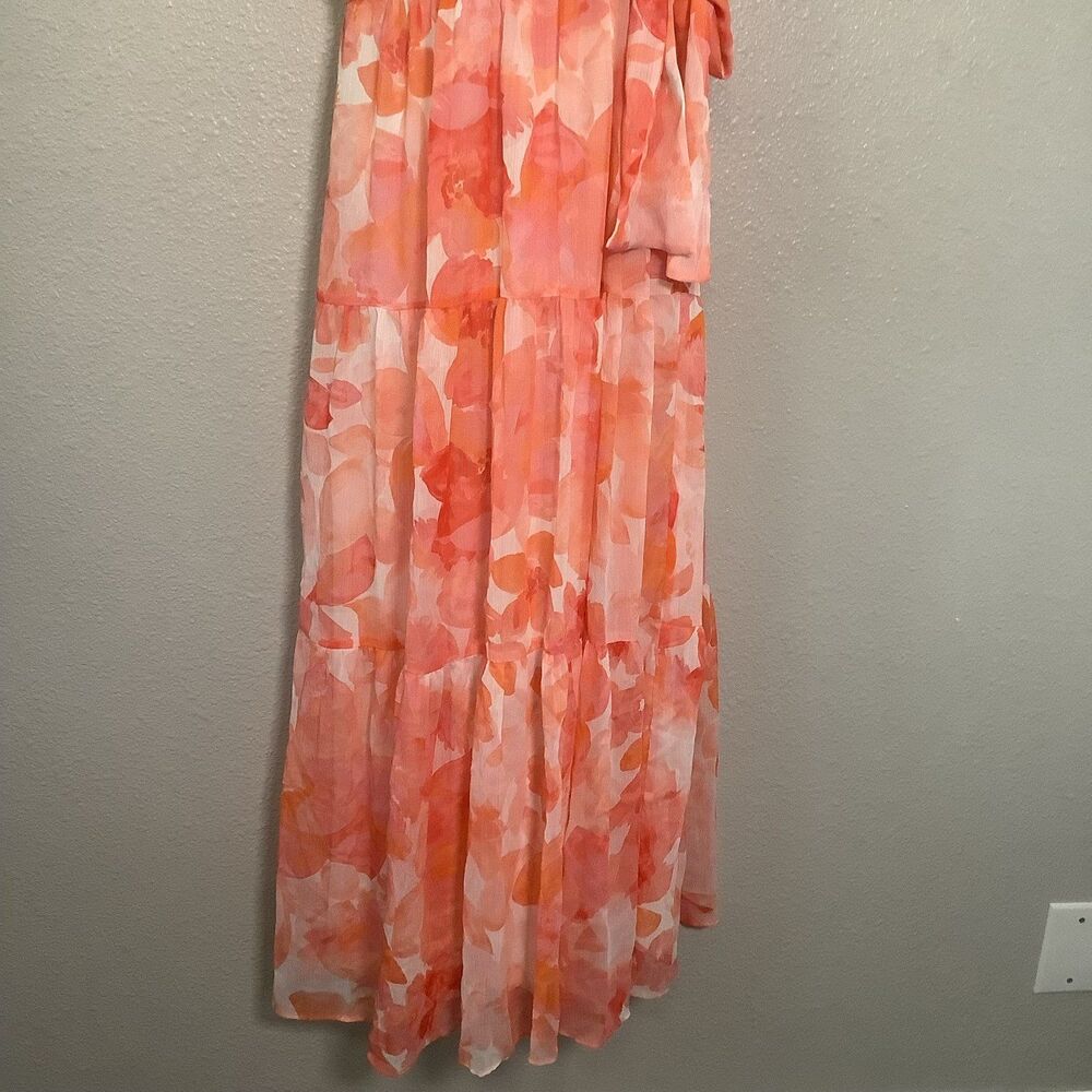 Coral Floral Feminine Romantic Tiered Babydoll Tied Waist Maxi Dress Sz 4 Summer - Picture 3 of 8